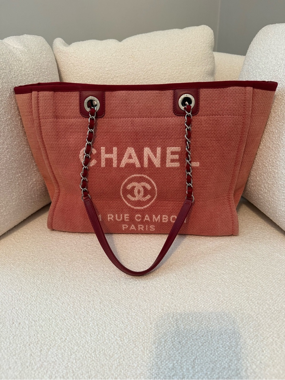 CHANEL Coral Pink Canvas Tote with Burgundy Trim and Chain Straps